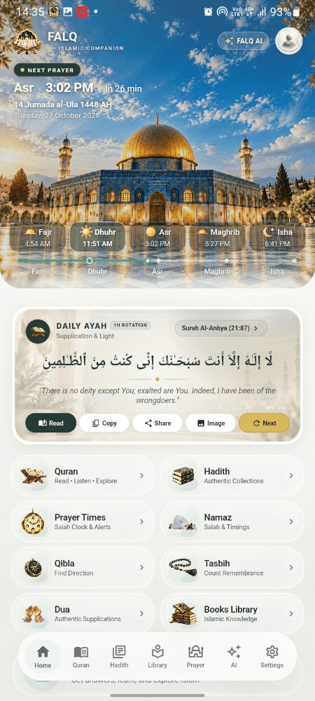 FALQ Live Mobile App Interface displaying Prayer Times, Daily Ayah, and Islamic Companion Hub
